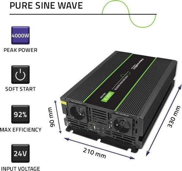 QOLTEC 51939 grynos sinusinės bangos keitiklis, monolitinis / 2000 W / 4000 W / 24 V–230 V