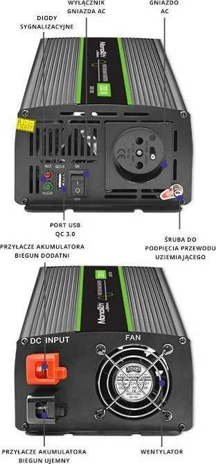 QOLTEC 51934 grynos sinusinės bangos inverteris, monolitas / 1000 W / 2000 W / 12 V–230 V