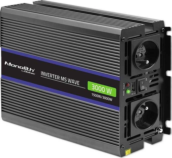 QOLTEC 51927 Monolitinis įtampos keitiklis 3000 MS Wave / 12V iki 230V / 1500/3000 / USB