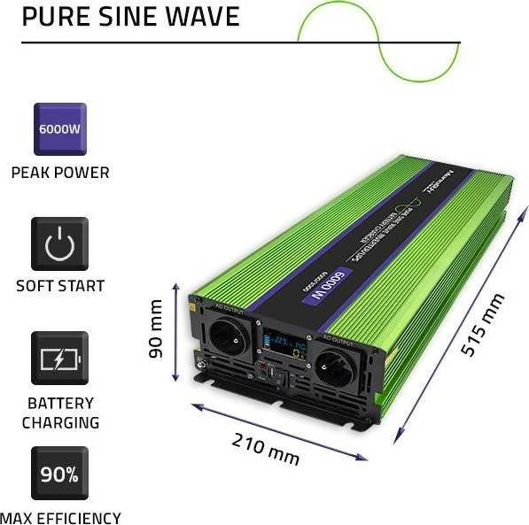 QOLTEC 51945 grynos sinusinės bangos keitiklis, monolitas / akumuliatoriaus įkroviklis / UPS / 6000 W / 3000 W / 12 V iki 230 V / LCD