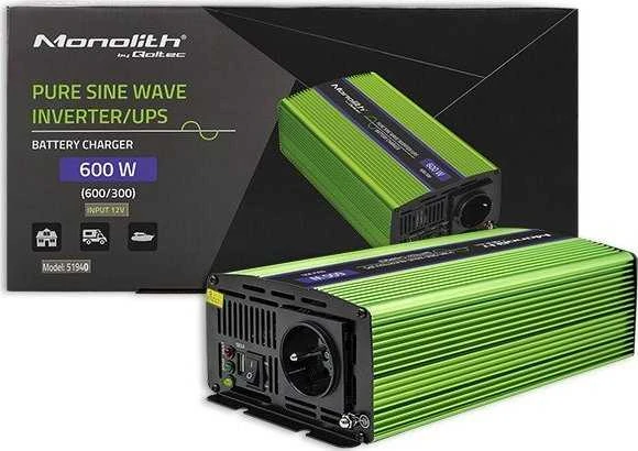 QOLTEC 51940 grynos sinusinės bangos keitiklis monolitinis akumuliatoriaus įkroviklis UPS 600W 300W nuo 12V iki 230V