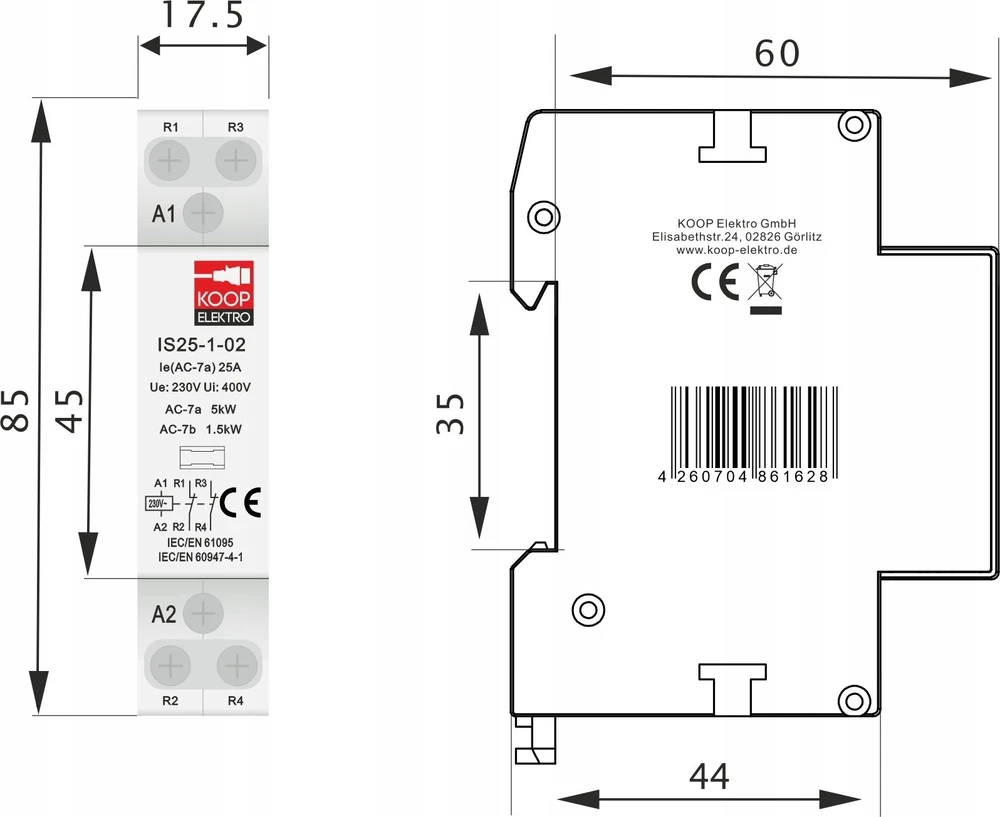 KOOP Elektro Modulinis kontaktorius 25-02 25A 2NC 230V 1P 1-FAZ IS25-1-02