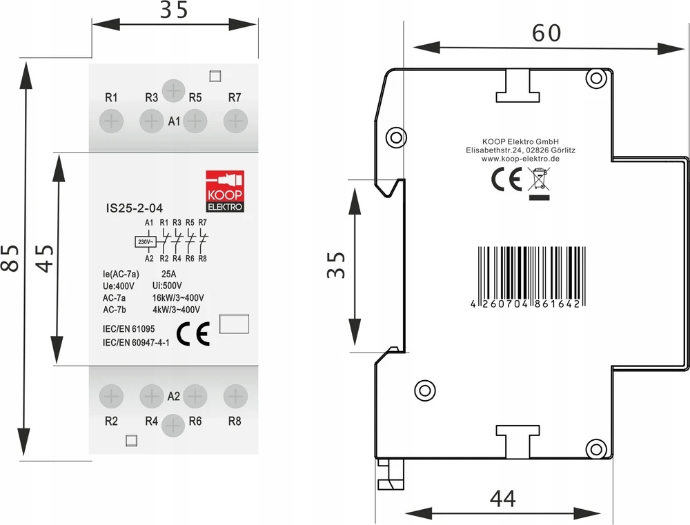 KOOP Elektro Stycznik modułowy 25-04 25A 4NC 230V 2P 3-FAZ IS25-2-04