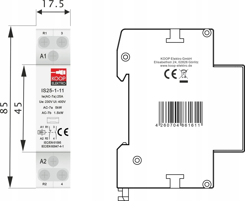 KOOP Elektro Modulinis kontaktorius 25-11 25A 1NC 1NO 230V 1P 1-FAZĖ IS25-1-11