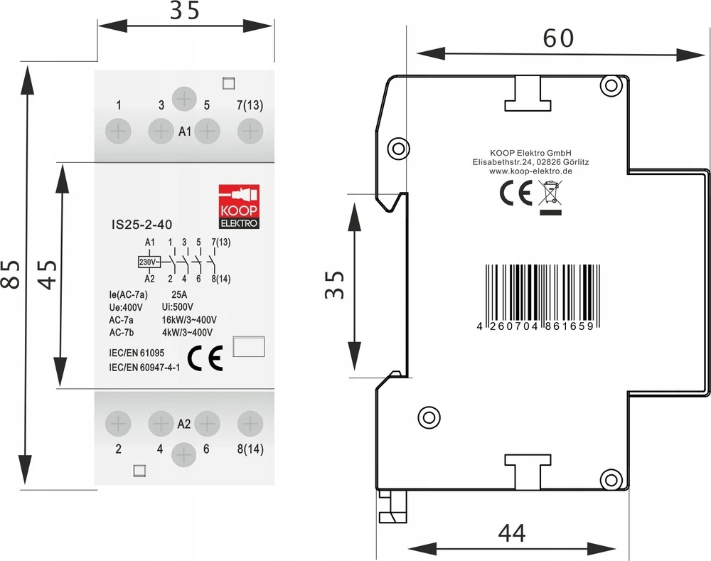 KOOP Elektro Modulinis kontaktoriai 25-40 25A 4NO 230V 2P 3-FAZ IS25-2-40