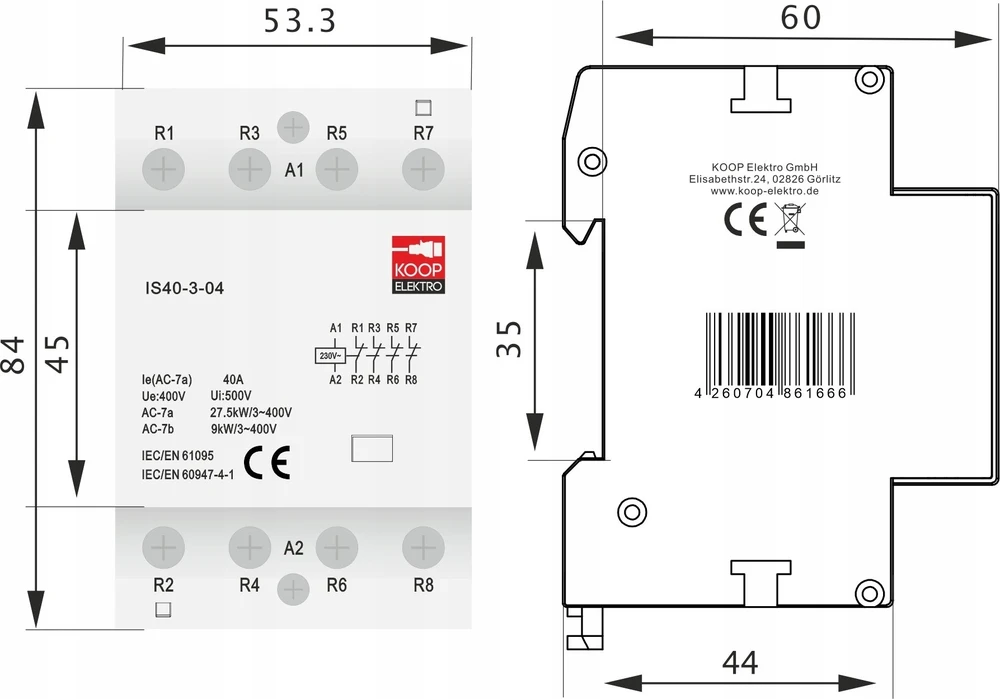KOOP Elektro Stycznik modułowy 40-04 40A 4NC 230V 3P 3-FAZ IS40-3-04