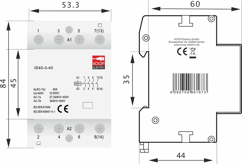 KOOP Elektro Stycznik modułowy 40-40 40A 4NO 230V 3P 3-FAZ IS40-3-40