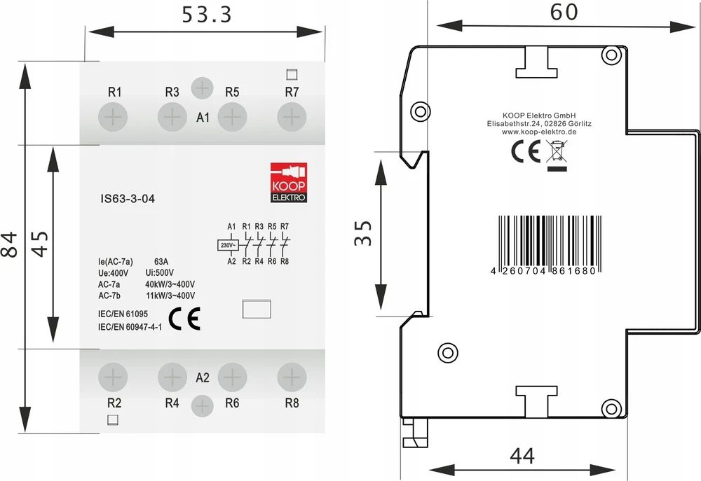 KOOP Elektro Modulinis kontaktoriai 63-04 63A 4NC 230V 3P 3 fazių IS63-3-04