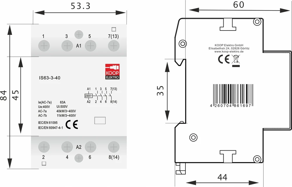 KOOP Elektro Modulinis kontaktorius 63-40 63A 4NO 230V 3P 3-FAZ IS63-3-40