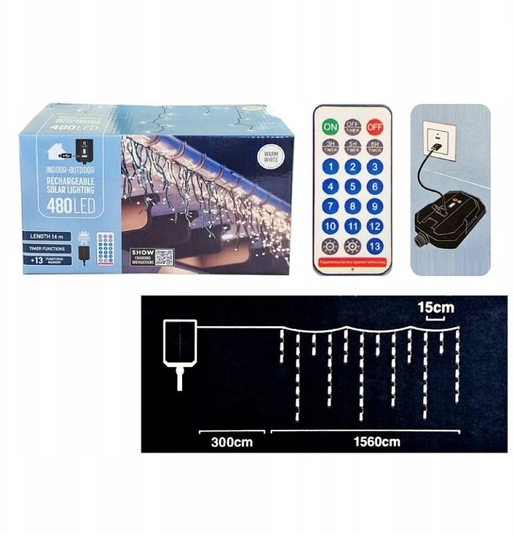 Koopman Solarny łańcuch świetlny 480 LED 13 funkcji USB ciepły balta