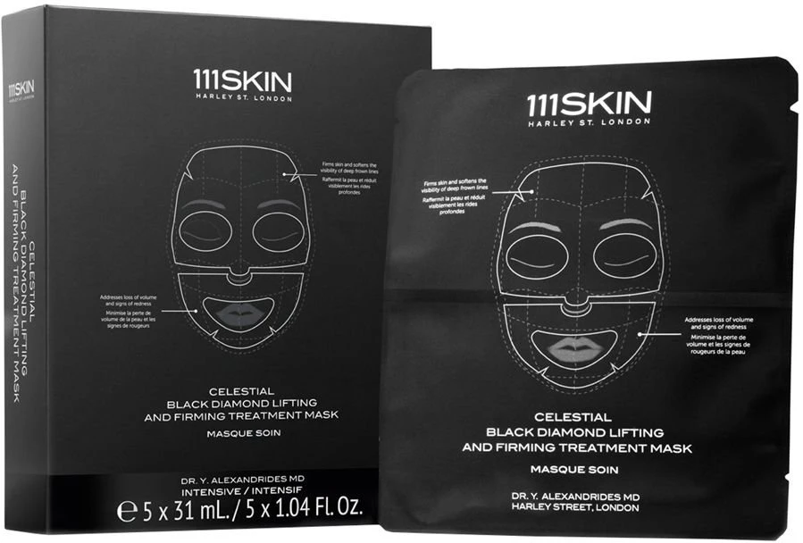 Korres 111Skin Celestial Juodas Diamond Lifting and Firming Treatment Mask stangrinanti ir pakelianti hidrogelinė kaukė veidui, 5 x 31 ml