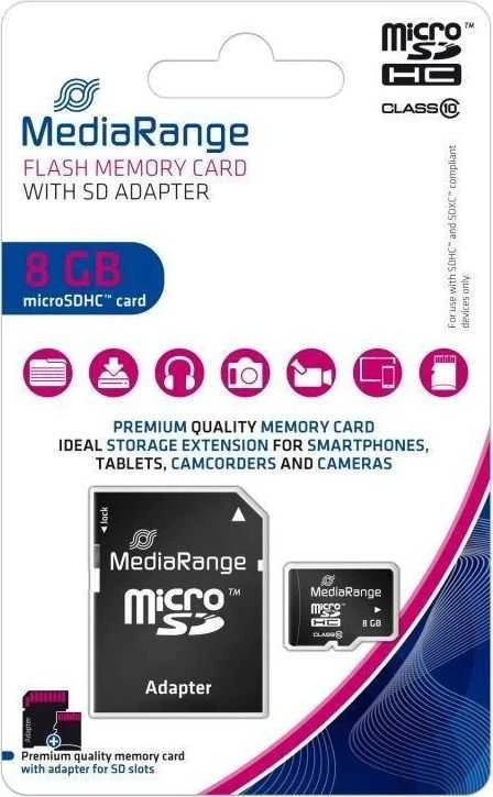 Atminties kortelė Kortelė MediaRange MR957 MikroSDHC 8 GB klasė 10 UHL- (MR957)