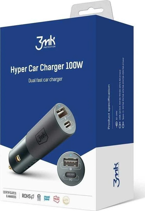 Įkroviklis automobilinis 3mk Hyper Car Charger 100W 1xUSB-C + 1xUSB-A