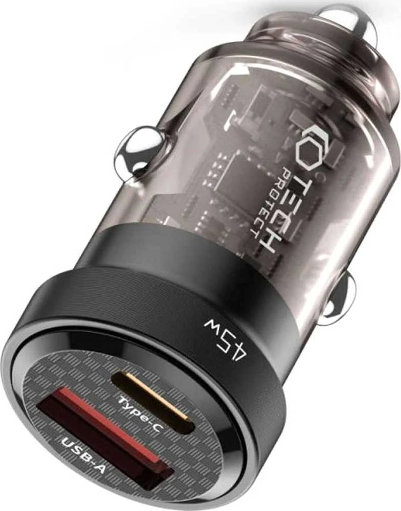 Automobilinis įkroviklis 45W USB-C PD + QC3.0 USB Tech-Protect CC45W juodos spalvos