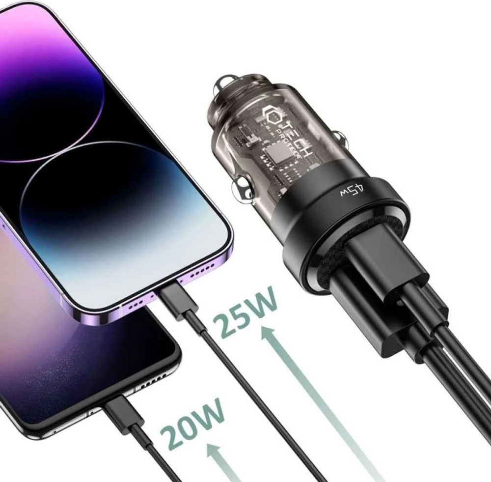 Automobilinis įkroviklis 45W USB-C PD + QC3.0 USB Tech-Protect CC45W juodos spalvos