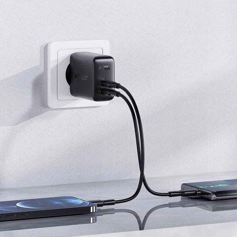 Sieninis įkroviklis Acefast A5 PD32W, USB + USB-C (juodas)