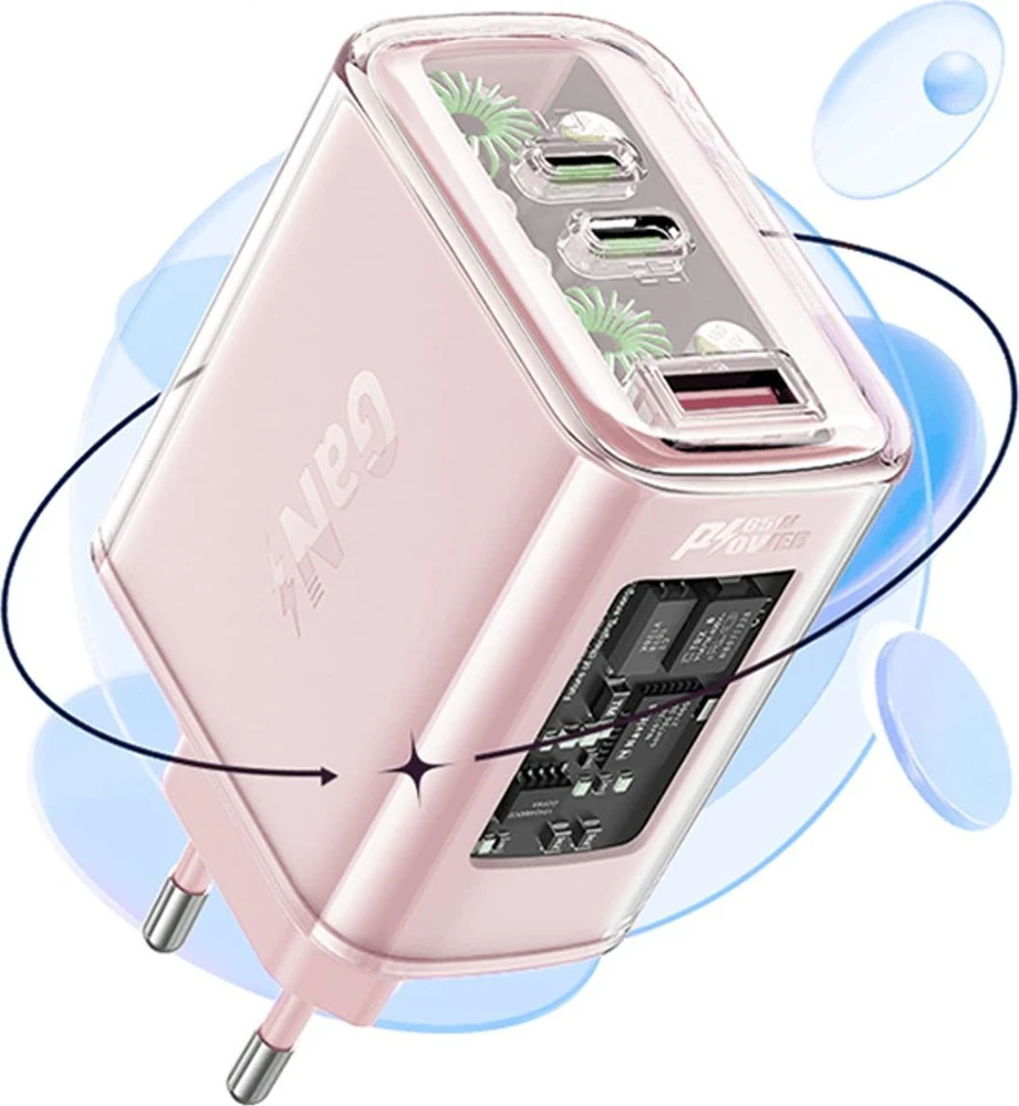 Sieninis įkroviklis Acefast A45, 2x USB-C, 1xUSB-A, 65W PD (rožinė)