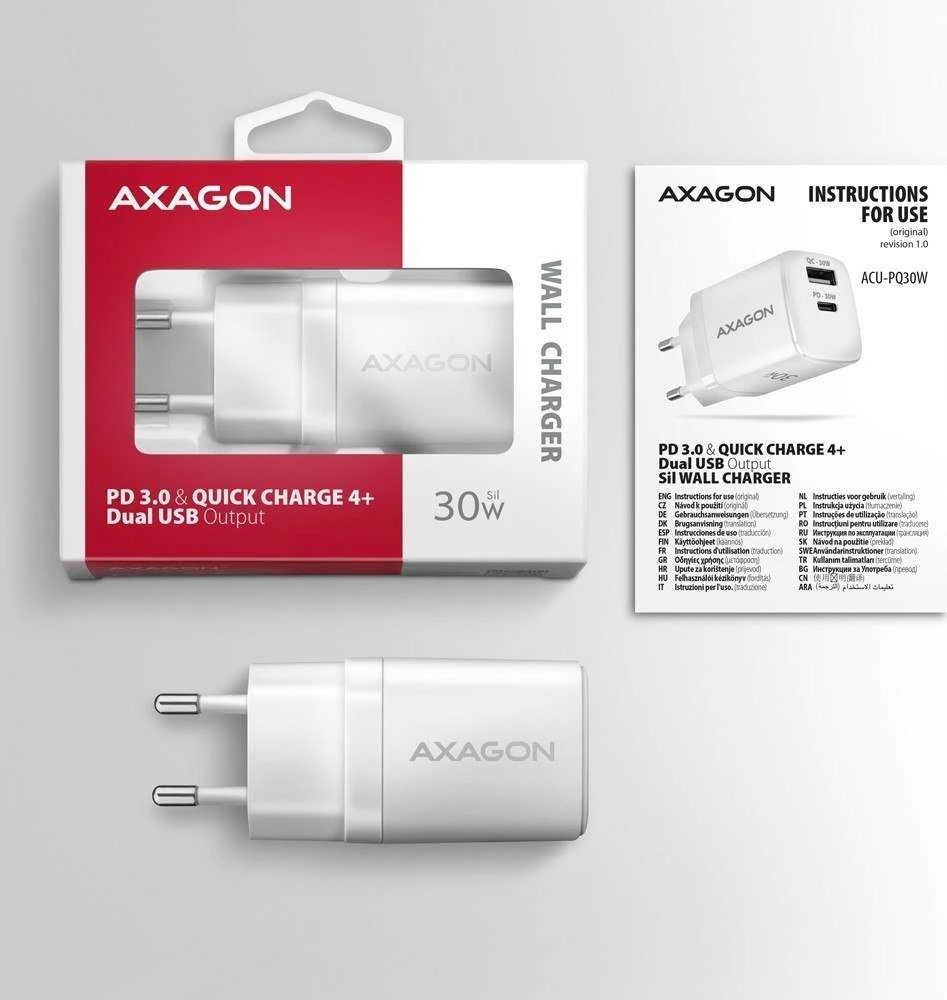 Axagon Sil sieninis įkroviklis 2x prievadas (USB-A + USB-C), PD3.0/QC4+/PPS/AFC/Apple. 30W bendra galia.