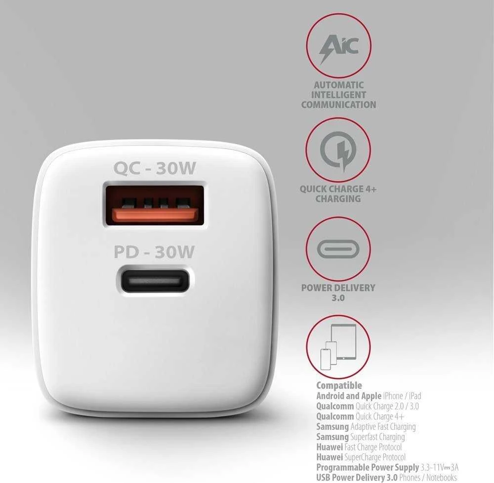 Axagon Sil sieninis įkroviklis 2x prievadas (USB-A + USB-C), PD3.0/QC4+/PPS/AFC/Apple. 30W bendra galia.