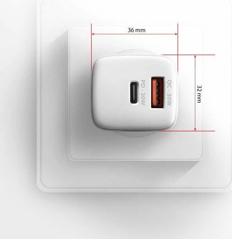 Axagon Sil sieninis įkroviklis 2x prievadas (USB-A + USB-C), PD3.0/QC4+/PPS/AFC/Apple. 30W bendra galia.