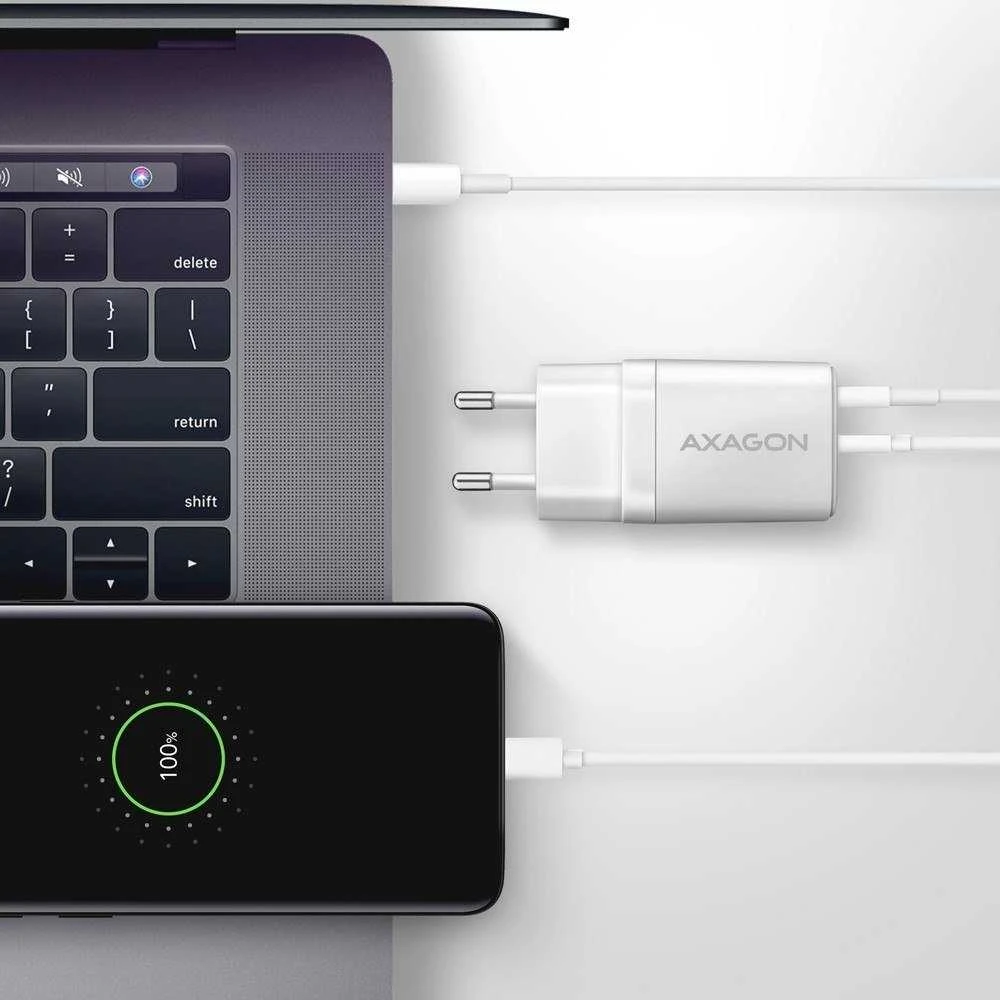 Axagon Sil sieninis įkroviklis 2x prievadas (USB-A + USB-C), PD3.0/QC4+/PPS/AFC/Apple. 30W bendra galia.