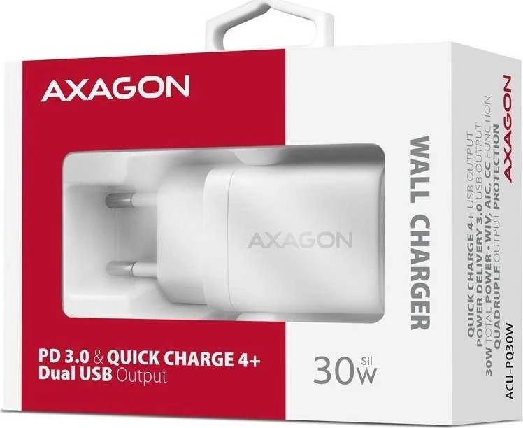 Axagon Sil sieninis įkroviklis 2x prievadas (USB-A + USB-C), PD3.0/QC4+/PPS/AFC/Apple. 30W bendra galia.