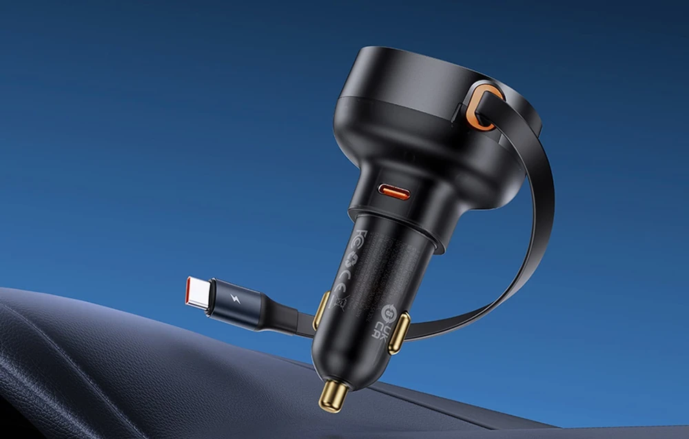 Automobilinis įkroviklis Baseus Enjoyment Pro su USB-C laidu, 60 W (juodas)
