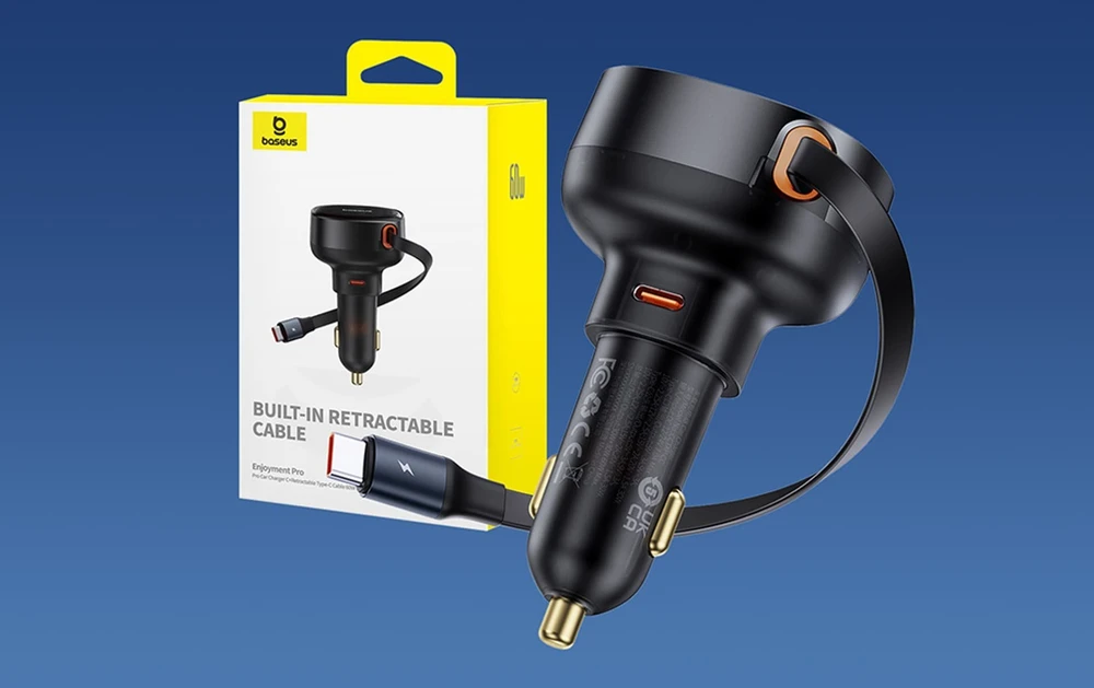 Automobilinis įkroviklis Baseus Enjoyment Pro su USB-C laidu, 60 W (juodas)