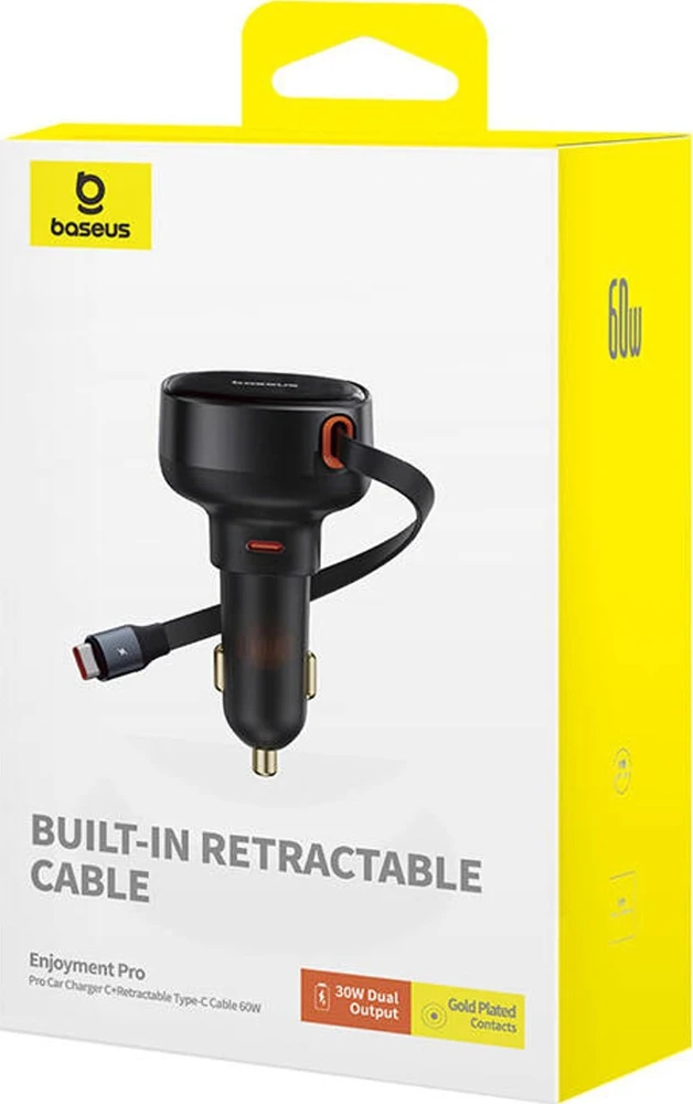 Automobilinis įkroviklis Baseus Enjoyment Pro su USB-C laidu, 60 W (juodas)