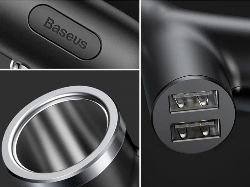 Baseus Automobilinis įkroviklis 12-24V 2xUSB 3.4A su lizdu cigarečių pridegėjui, juodas