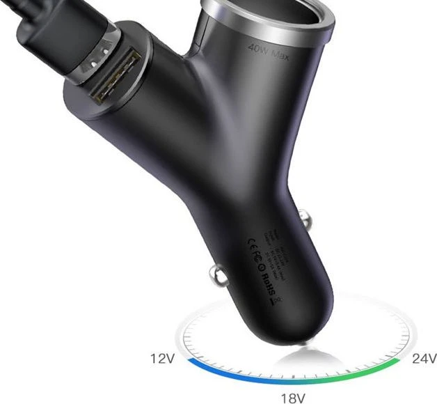 Baseus Automobilinis įkroviklis 12-24V 2xUSB 3.4A su lizdu cigarečių pridegėjui, juodas