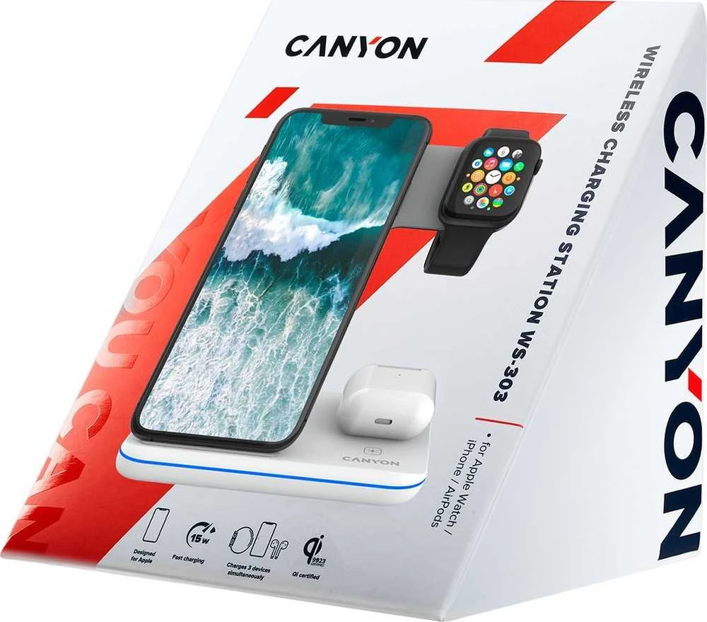 Universalus Belaidis įkroviklis Canyon 3in1 Wireless Charger WS-303, tinka vienu metu įkrauti Apple Watch, iPhone ir Airpods