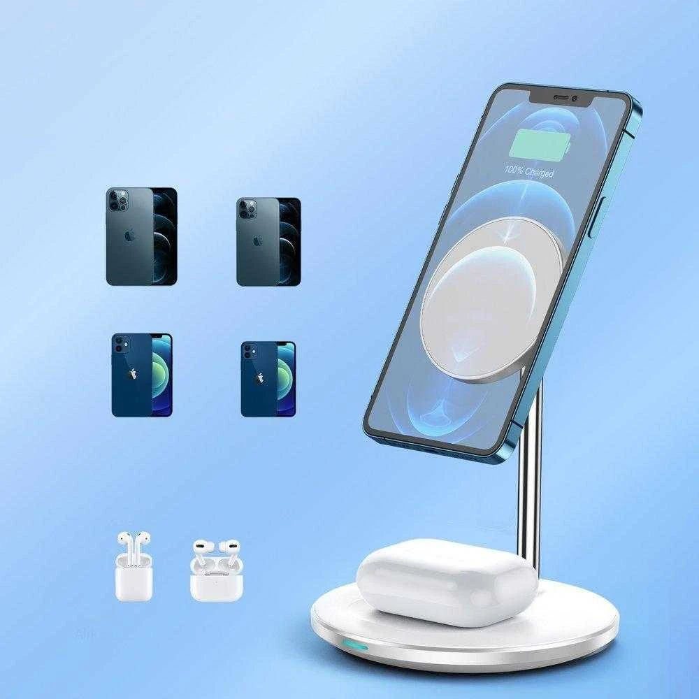 Belaidis įkroviklis CHOETECH, 15W, 2in1, magnetinis, baltas su stovu