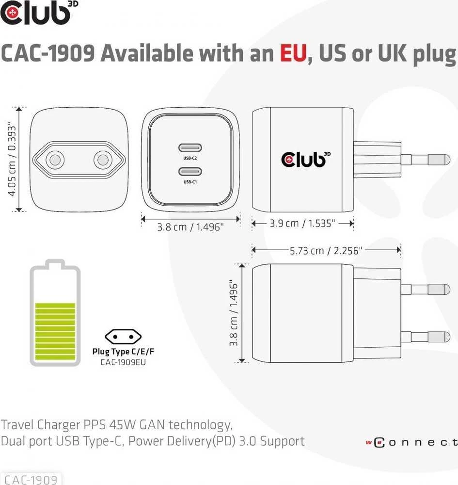 Club 3D Club3D CAC-1909EU Kelioninis įkroviklis PPS 45W GAN technologija, dviejų prievadų USB Type-C, maitinimo tiekimo (PD) 3.0 palaikymas