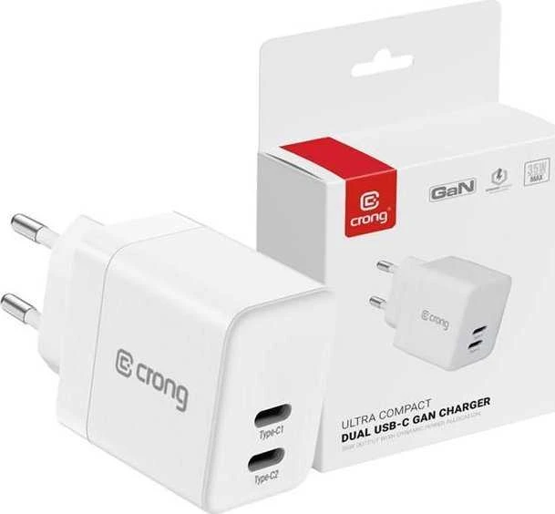 „Crong Ultra Compact GaN“ sieninis įkroviklis, 2x USB-C maitinimo šaltinis, 35 W, baltos spalvos