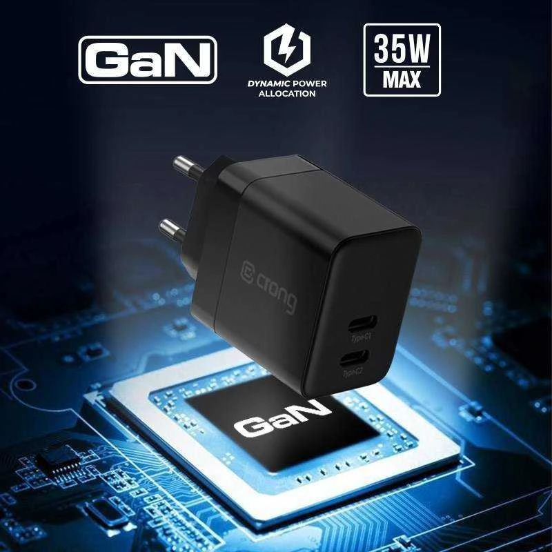„Crong Ultra Compact GaN“ sieninis įkroviklis, 2x USB-C maitinimo šaltinis, 35 W, baltos spalvos