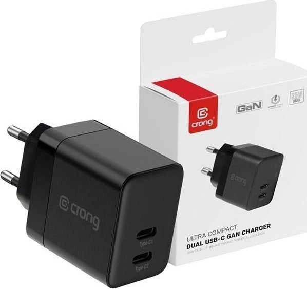 Crong Ultra Compact GaN - Įkroviklis jungiama į tinklą 2x USB-C 35W PD 3.0 su PPS (juoda)