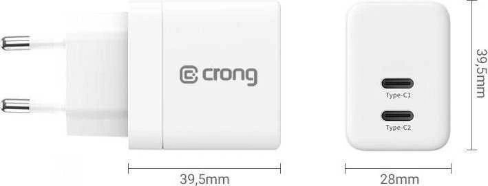 „Crong Ultra Compact GaN“ sieninis įkroviklis, 2x USB-C maitinimo šaltinis, 35 W, baltos spalvos