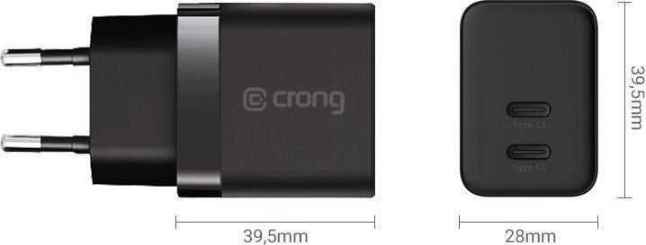 Crong Ultra Compact GaN - Įkroviklis jungiama į tinklą 2x USB-C 35W PD 3.0 su PPS (juoda)