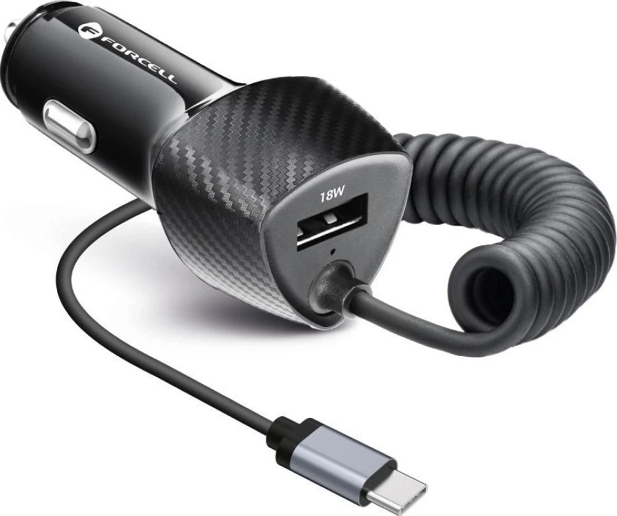Automobilinis įkroviklis Forcell F-Energy Carbon USB A QC3.0 PD 3A 38W su laidu USB C CC50-1AC juodas