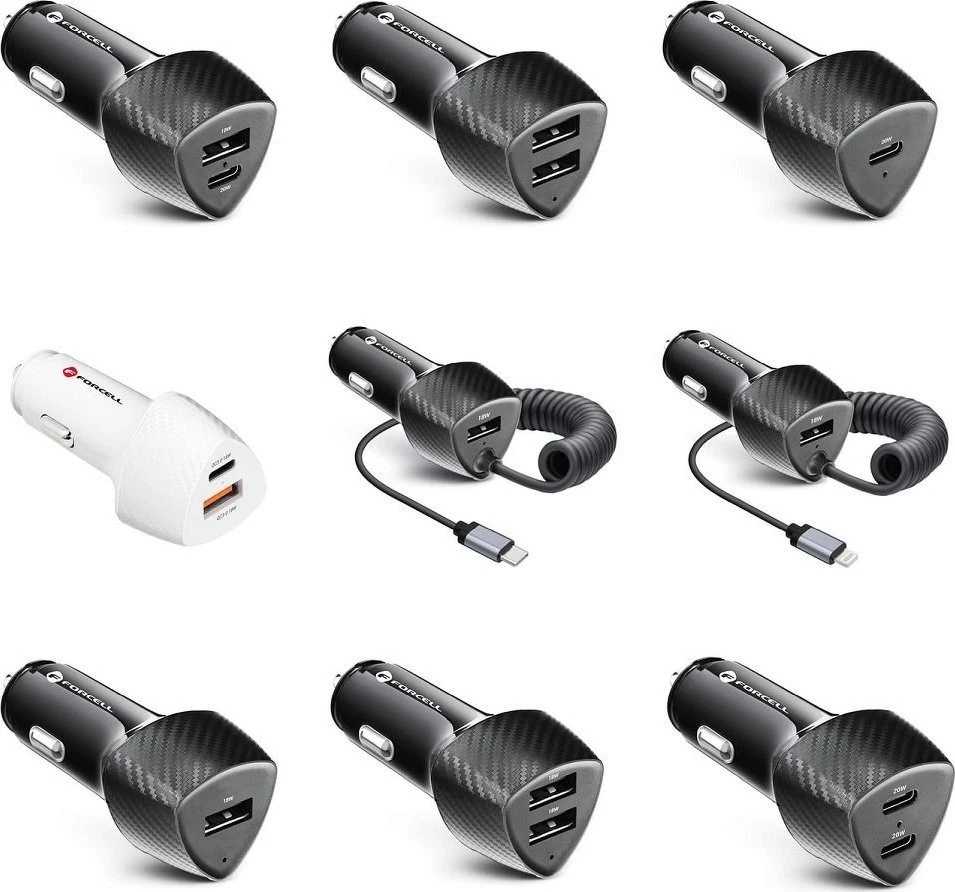 Automobilinis įkroviklis Forcell F-Energy Carbon USB A QC3.0 PD 3A 38W su laidu USB C CC50-1AC juodas
