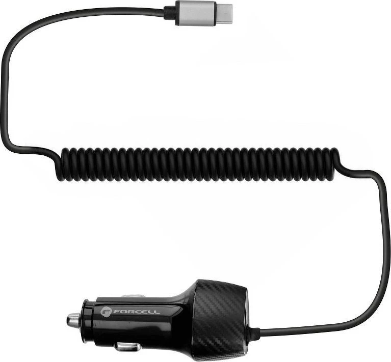 Automobilinis įkroviklis Forcell F-Energy Carbon USB A QC3.0 PD 3A 38W su laidu USB C CC50-1AC juodas