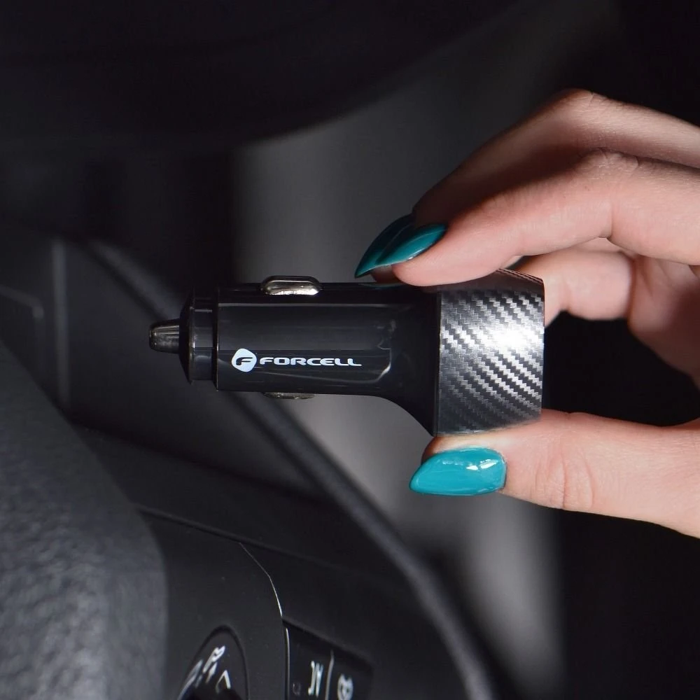 Automobilinis įkroviklis Forcell F-Energy Carbon USB A QC3.0 PD 3A 38W su laidu USB C CC50-1AC juodas