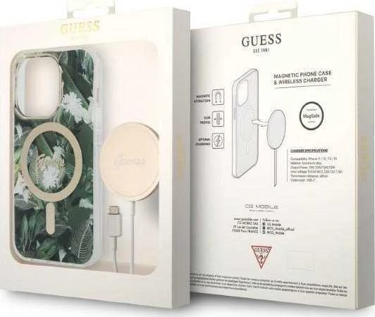 Guess Rinkinys GUBPP14LHJEACSA Dėklas+Įkroviklis Apple iPhone 14 Pro 6,1″ žalias kietas dėklas Jungle MagSafe