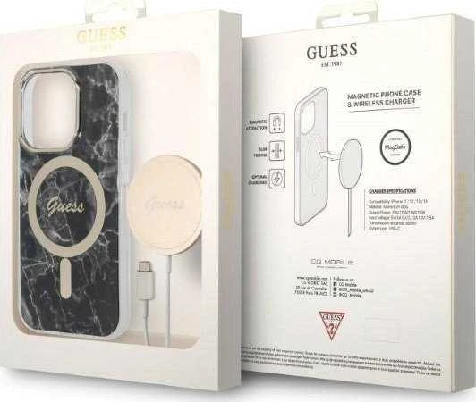 Guess Rinkinys GUBPP14XHMEACSK Dėklas+ Įkroviklis Apple iPhone 14 Pro Max 6,7″ juodos spalvos kietas dėklas Marble MagSa