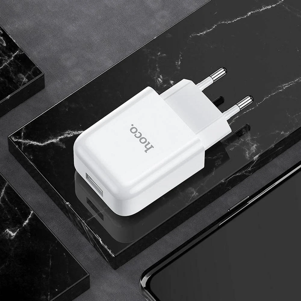 Telefono įkroviklis Hoco USB A 2A 10W + laidas USB A į USB C N2 baltas