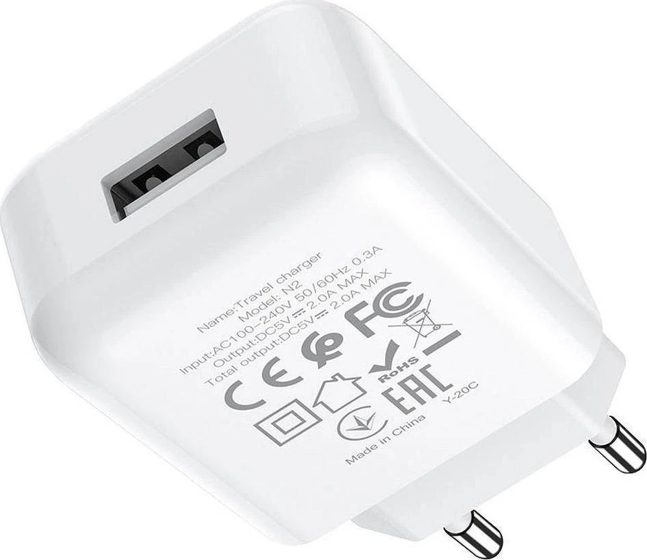 Telefono įkroviklis Hoco USB A 2A 10W + laidas USB A į USB C N2 baltas