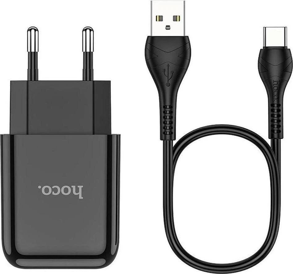 Telefono įkroviklis Hoco USB A 2A 10W + laidas USB A į USB C N2 juodas