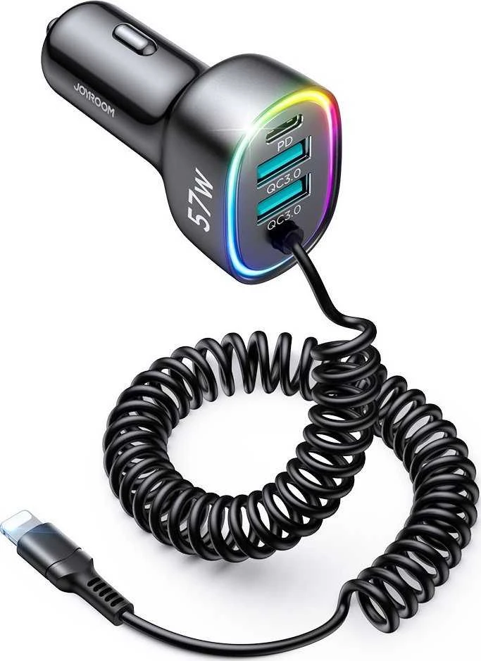 Automobilinis įkroviklis Joyroom JR-CL20, 2x USB + 2x Lightning, 57W + Lightning laidas (juodas)