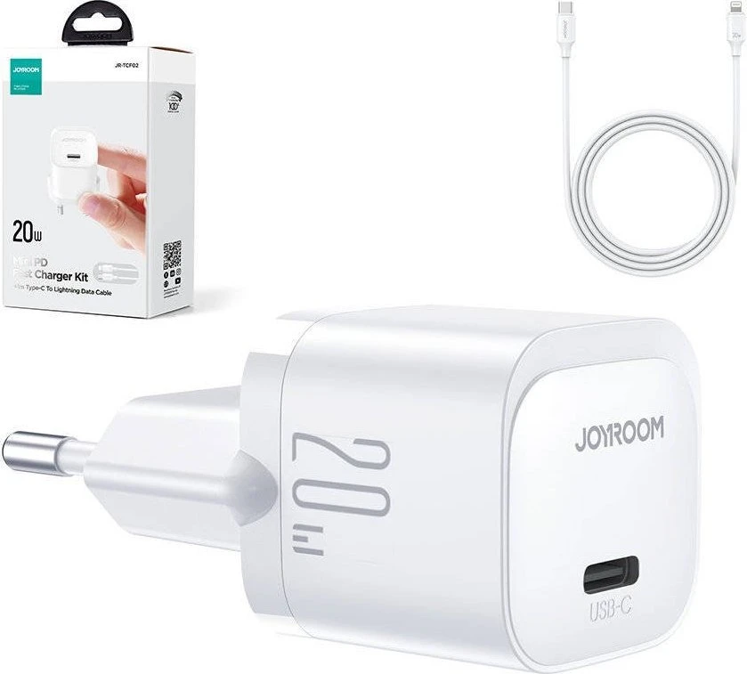 Įkroviklis Joyroom JR-TCF02 20W USB-C + USB-C iki Lightning kabelis 1,0m baltas